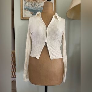 Abercrombie and Fitch Long Sleeve Slim White Double Zip Cropped Polo Top SizeXS